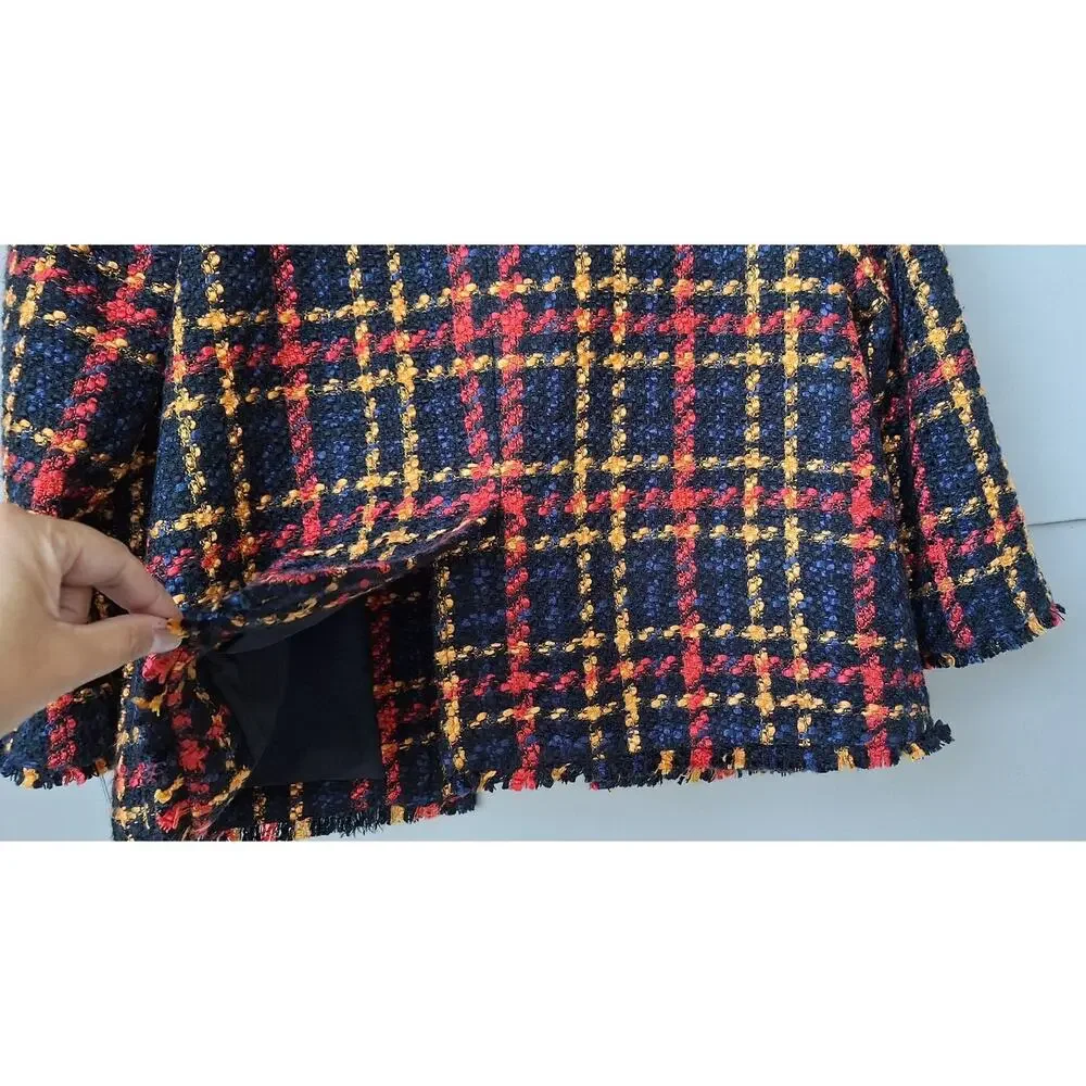 Tweed Bouclé Lady Jacket Fall Winter Blazer Plaid Black Orange-Red Yellow Size S